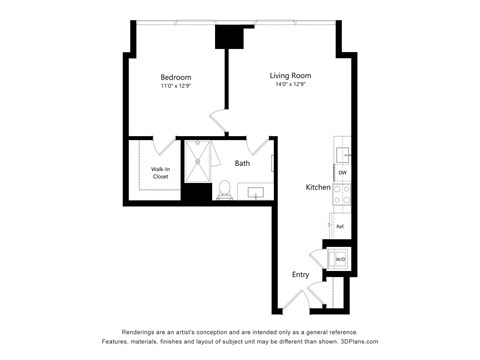 Floor plan for 1 bed, 1 bath, 640 sqft